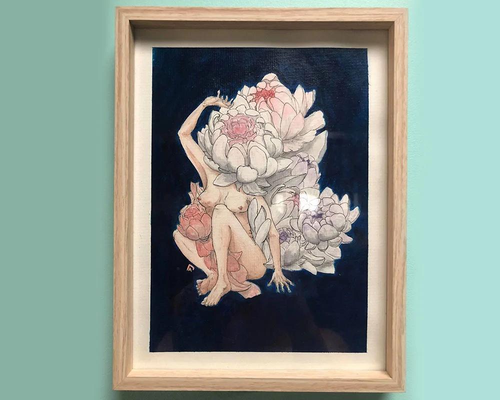 peinture aquarelle et acrilique femme et fleure
